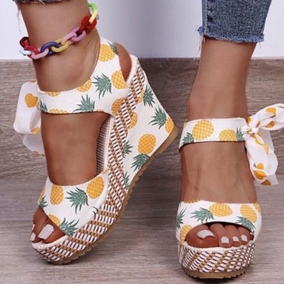 NEW| Women’s Pineapple Printed Summer Bow Knot Wedge Sandals - Picture 3 of 12